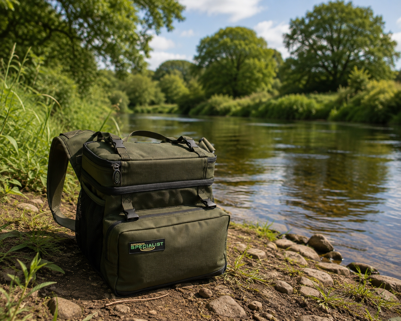 Drennan 20L roving bag next to a river