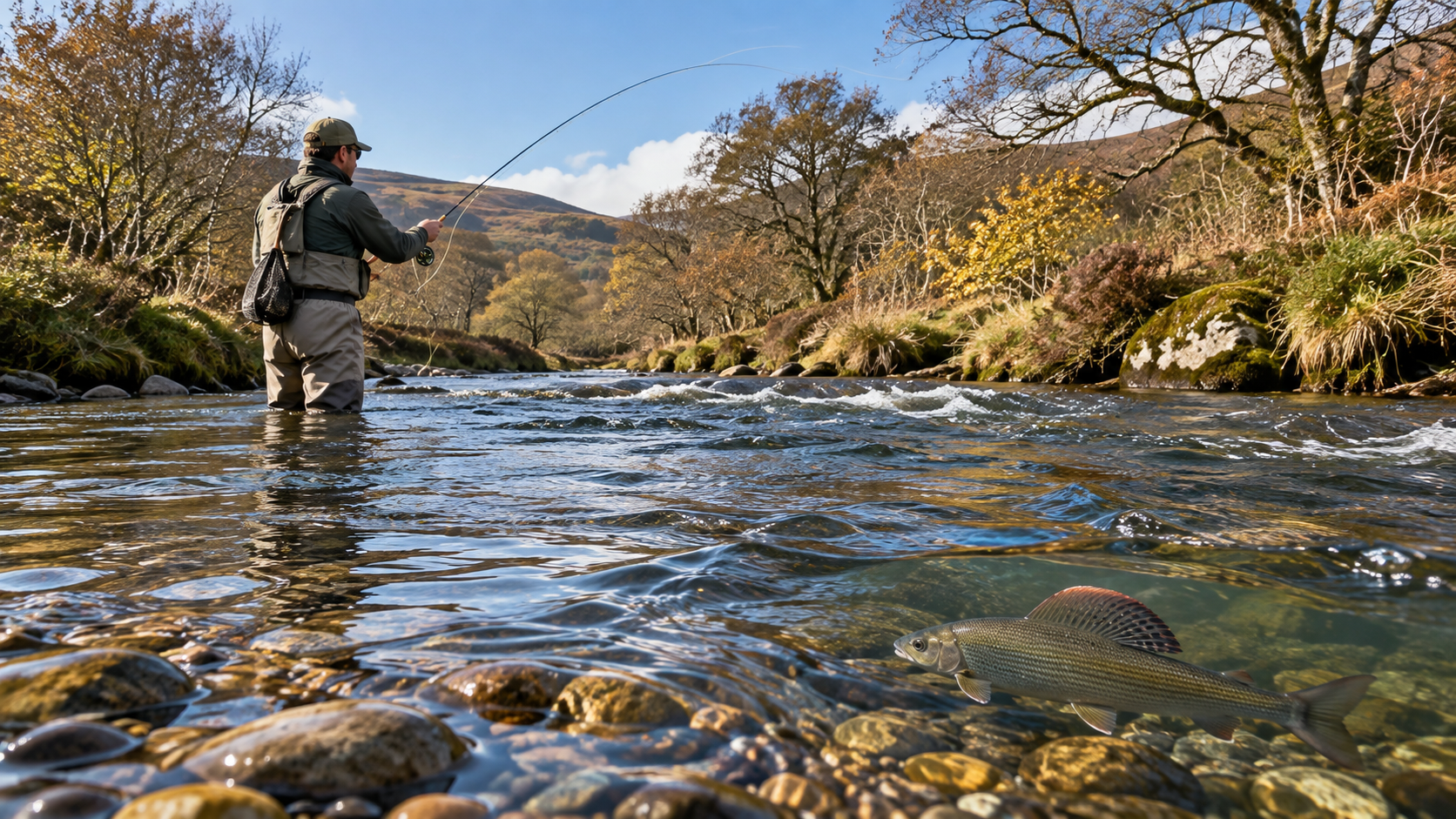 Fly angler wading in a clear British river while casting for grayling, with a European grayling visible beneath the surface over a rocky riverbed.
