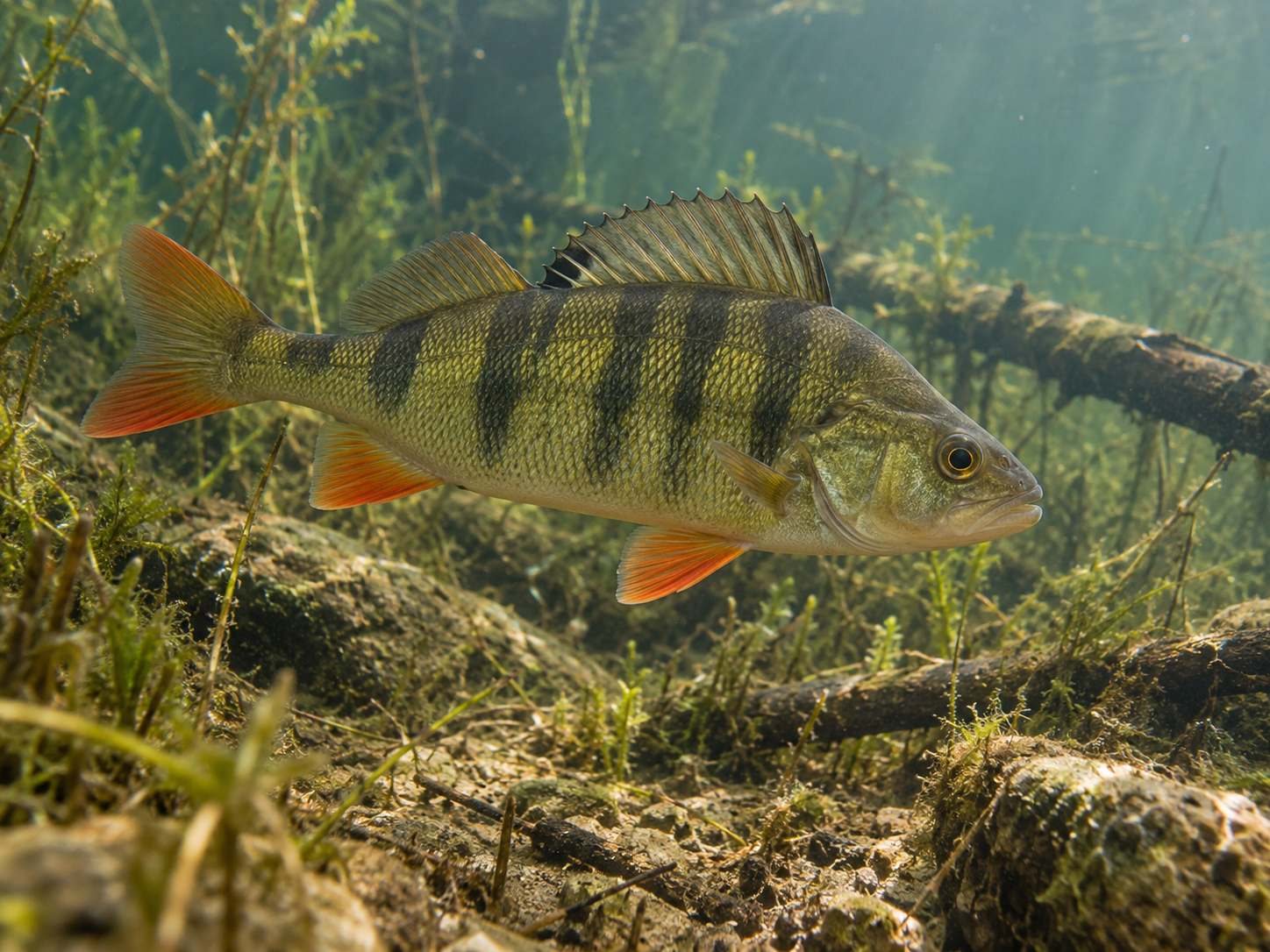 European perch swimming underwater above a natural lake bed with aquatic plants, submerged branches and rocks.
