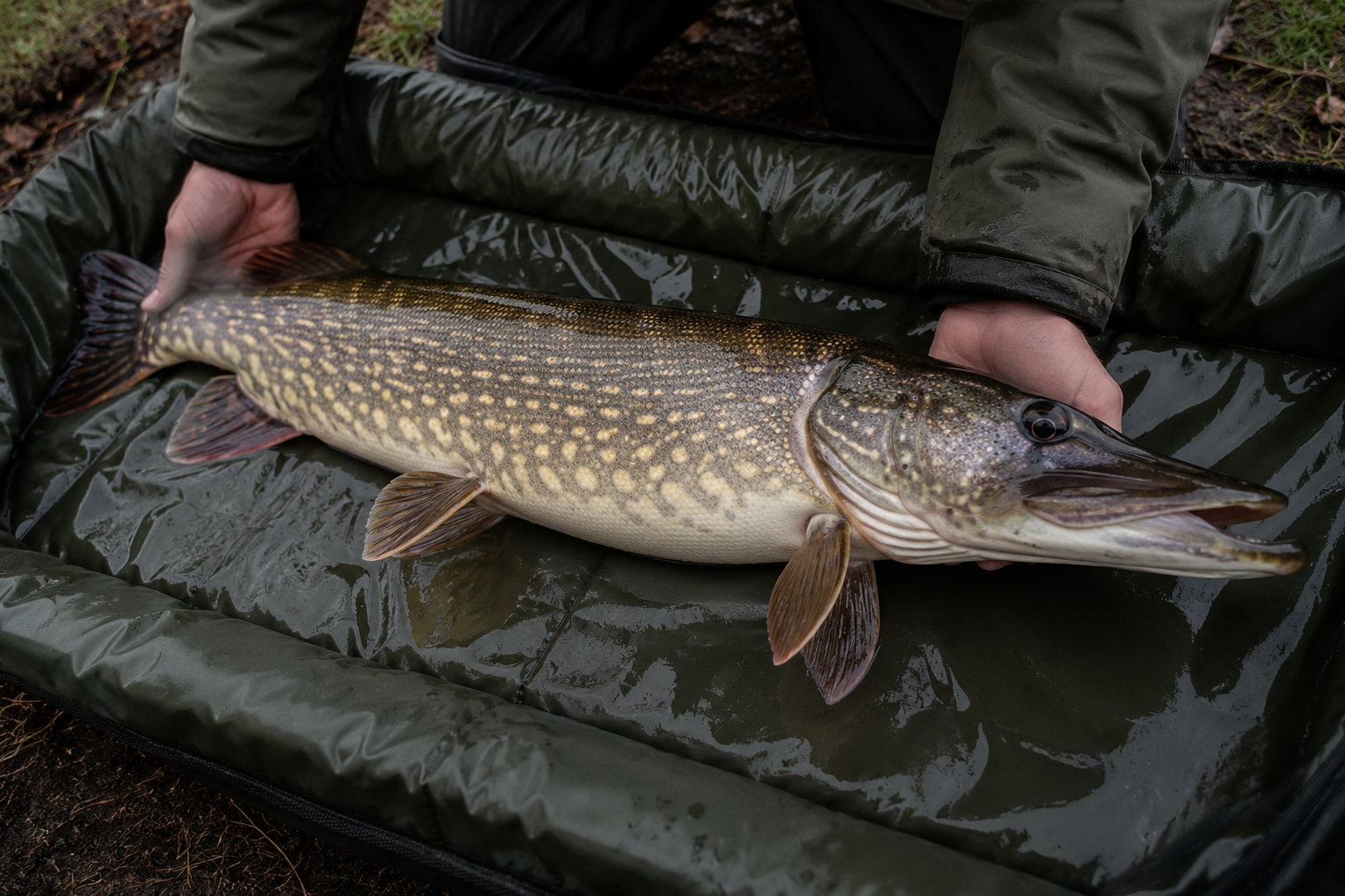 Pike held carefully on an unhooking mat.