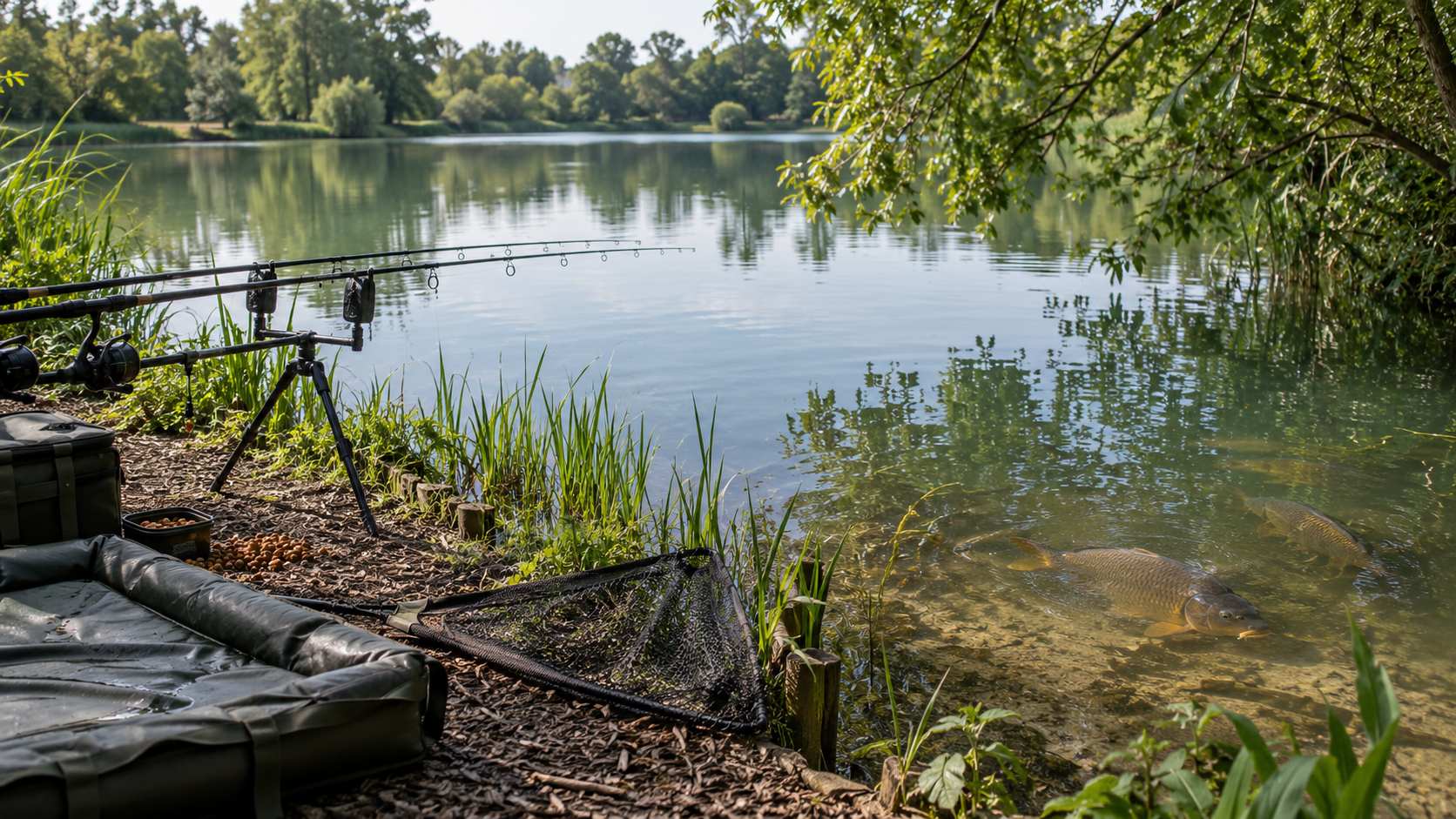Carp fishing setup beside a lake, with rods, landing net and unhooking mat on the bank as two carp swim in the shallow margins beneath overhanging trees.